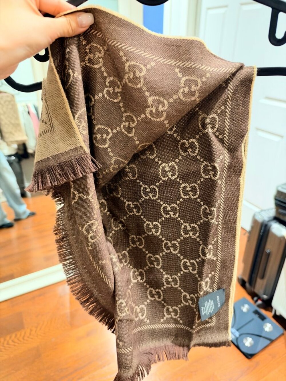 Gucci GG Monogram Wool Scarf Brown Beige Fringe